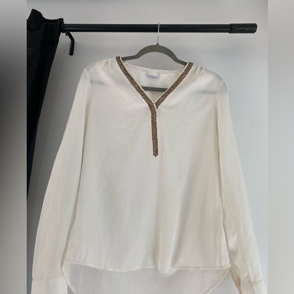 Calvin Klein Cream Blouse with Gold Trim